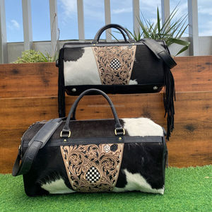 Equipaje de viaje de cuero de vaca genuino Vintage a la moda, conjunto combinado de diseño a cuadros de 2 piezas, bolsa de lona, regalo para mujer - Product Image 4