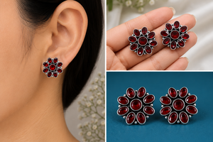 Direct Factory Oxidized Silver Flower <b>Stud</b> <b>Earrings</b> Pear Cut <b>Turquoise</b> Flower Design | Bohemia Style Party Women's Wholesale - Product Image 4
