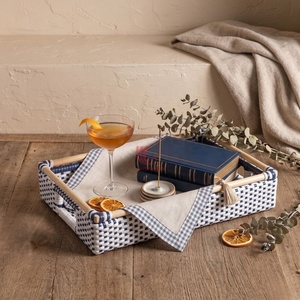 Plateau de service minimaliste en bambou tressé, rectangulaire, bleu et blanc à carreaux, avec poignées, panier de rangement pour vaisselle - Product Image 3