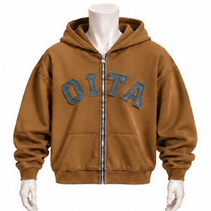 Sweat-shirt oversize en molleton épais pour homme, couleur camel, avec fermeture éclair, appliqué lettres en chenille, style streetwear, avec poches avant - Product Image 1