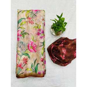 Sari de créateur KOTA DORIA KALAMKARI à imprimé floral avec bordure ZARI PATTA et blouse non cousue marron - Product Image 1