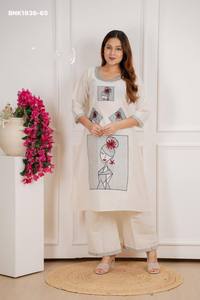 High Quality Pure Khadi Cotton <b>with</b> Embroidered Stripe Pattern-<b>Face</b> Design Semi-Stitched Kurti-Readymade <b>Pant</b> Set Woman Fashion - Product Image 2