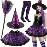 Costumes de sorcière pour femmes adultes, élégants et effrayants pour Halloween, avec chapeau pointu classique, jupe en tulle fluide et balai de sorcière