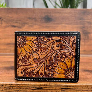 Nuevo cuero mecanizado hecho a mano Vintage Western Real cuero genuino Floral girasol diseño Bifold Slim Card monedero carteras para hombres - Product Image 4