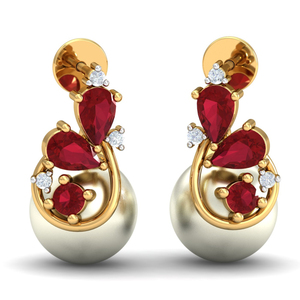 Luxury Women's 18K Gold Plated Ruby Drop <b>Earrings</b> With Freshwater Pearl And Round Brilliant Cut Diamond - Product Image 1