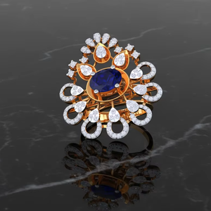 Bague de cocktail florale en saphir bleu royal, bijoux de mode en or pour mariage et fiançailles - Product Image 1