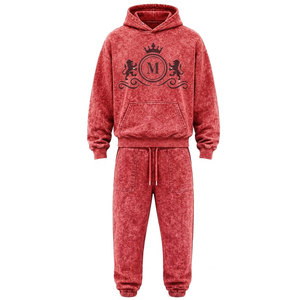 Conjunto Deportivo para Hombre, Rojo, Lavado Ácido, 100% Algodón, 480 gsm, Alta Calidad, con Pedrería, Pantalones Largos con Cordón Ajustable, Ropa Casual - Product Image 3
