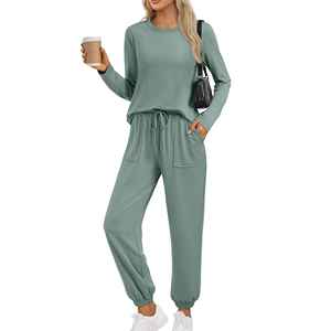 Custom Waffle Knit Sets <b>Women</b> <b>Thermal</b> Zipper Hoodie and Flared Tracksuit <b>Womens</b> 2 Piece Sets - Product Image 6