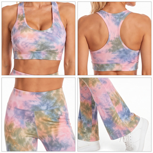 Women's Tie Dye Yoga Set Racerback Crop <b>Top</b> High Waist Flare <b>Leggings</b> 2 Piece Spandex Polyester Workout Wear Bra & <b>Leggings</b> Set - Product Image 6