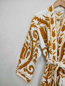 Bata de Algodón Bordada con Flores Estilo Bohemio, Manga Larga, Cuello Camisero, Cierre con Cinturón, Ropa de Primavera para Adultos, Prenda Exterior Informal - Product Image 4