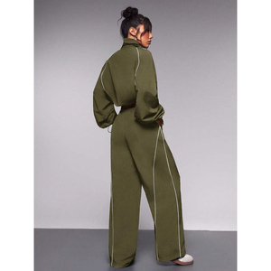 Women's Olive Green 2 Piece Set <b>Turtleneck</b> <b>Crop</b> <b>Top</b> Wide Leg Pants Casual Loose Fit Breathable Knitted Fabric women set's - Product Image 4