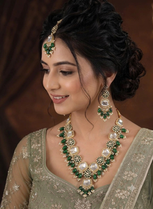 Royal <b>Ruby</b> Mirror Bridal <b>Necklace</b> Set with Matching Earrings and Maang Tikka Gold Plated Traditional Wedding Jewelry Set - Product Image 3