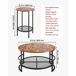 Industrial-Style 3-Piece Coffee <b>Table</b> <b>Set</b> 31.5 in Round Living Room <b>Table</b> with 2 End <b>Side</b> <b>Tables</b> Easy Assembly Required - Product Image 5