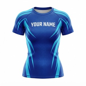 <b>Women</b> Short Sleeve Sublimation MMA <b>Rashguard</b> Top Blue Quick Dry Polyester Athletic Training Shirt Custom Name Front Print - Product Image 1
