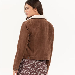 Women's Corduroy Trucker <b>Jacket</b> With Faux Fur Lining Dark Brown Color Full Sleeve Regular Fit Autumn Style - Product Image 2