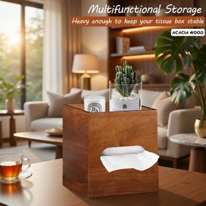 Porta pañuelos de madera de acacia con bandeja de almacenamiento, organizador moderno - Product Image 4
