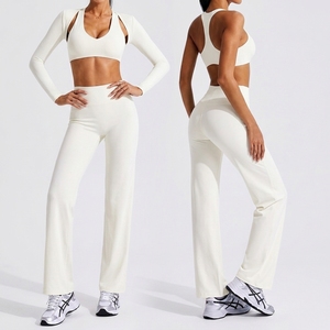 Custom Women's Yoga Set 3 Piece Slim Fit High Stretch <b>Sweat</b> Wicking Fitness Sportswear Crew Neck Backless Spandex/Nylon - Product Image 1