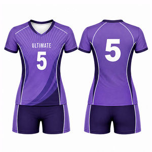 Ensemble d'uniformes de volley-ball personnalisés sublimés pour femmes, manches courtes, col en V, respirant, séchage rapide, polyester athlétique 320g, taille élastique - Product Image 1