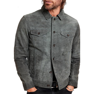 Men's <b>Suede</b> Leather <b>Jacket</b> Moto <b>Biker</b> Style Stand Collar Zipper Closure Solid Color Autumn Wear Regular Fit Slim Type - Product Image 1