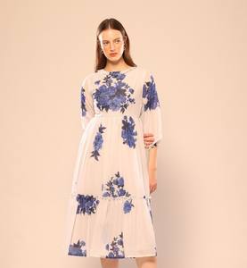 Fashion Women White Floral Printed Maxi Dress with <b>Three</b> Quater Sleeves Evening Dress for Daily Wear for Export Selling Price - Product Image 1