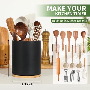 Custom Logo Rotating Lacquered Utensil Holder Natural Wood <b>Kitchen</b> Countertop Organizer <b>Caddy</b> with Cooking Tools Set Wholesale - Product Image 6