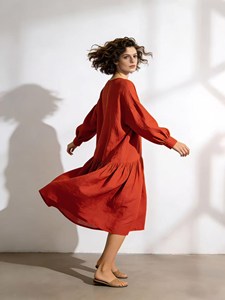 Women Elegant <b>Boho</b> Cotton Linen Maxi <b>Dress</b> <b>Long</b> Sleeve Loose Fit Round Neck Flowy Casual Midi <b>Dress</b> - Product Image 2
