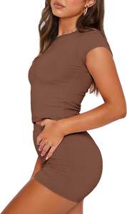 Conjunto de dos piezas para mujer, liso, lavado, de verano, casual, ajustado, top y shorts a juego, tela suave y transpirable, ropa para el hogar, al por mayor - Product Image 4
