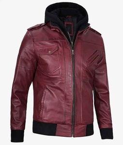 Custom Men Maroon Leather Hooded <b>Jacket</b> <b>Fleece</b> <b>Lined</b> Biker <b>Jacket</b> Multi Pocket Casual Winter Streetwear Style For Unisex - Product Image 4