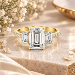 Bague en argent 925 pavée avec diamant Moissanite taille émeraude, trois pierres, pour femme, mariage, fiançailles - Product Image 1