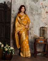Saree Sutra Emas Dengan Hiasan Zari Pakaian Pernikahan Tradisional India Untuk Wanita Panjang Lantai Regular Fit Bebas Kerut