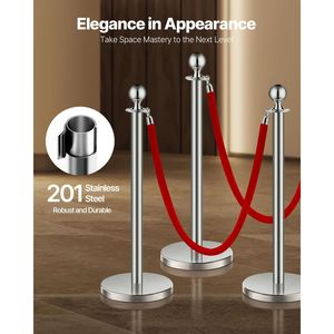 Set di 6 Barriere di Controllo Folla con Corde in Velluto e 3 Pali in Acciaio Inox Rossi, Attrezzatura per Servizio Ristoranti e Hotel - Product Image 2
