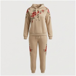 Conjunto Deportivo de 2 Piezas para Mujer, Sudadera con Capucha y Pantalones Deportivos de Algodón con Bordado Floral, Ropa Casual de Otoño - Product Image 1