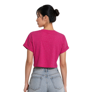 Luxury Bling Hotfix Crystal Crop Tee Y2K Aesthetic Fuchsia Short Sleeve Streetwear Custom Logo Women's Shirts Summer Boxy Top - Product Image 2