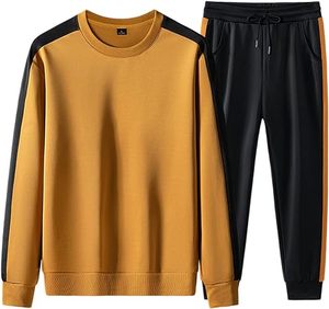 Ensemble de survêtement pour homme couleur moutarde avec sweat-shirt à col rond et poches latérales, pantalon à cordon de serrage, style décontracté pour l'automne - Product Image 1