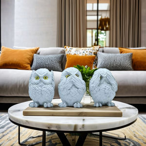 Figurines d'hiboux sages artisanales, ensemble « ne voir, ne entendre, ne parler que du bien », sculpture minimaliste pour la décoration intérieure, art ludique en céramique pour étagère - Product Image 5