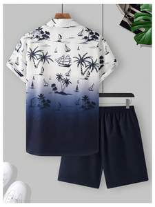 Ensemble assorti homme imprimé feuilles de palmier, chemise à manches courtes et short de plage, tenue décontractée estivale colorée, ensemble deux pièces homme assorti - Product Image 3