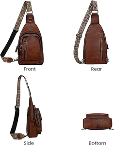 Classic Brown Leather <b>Sling</b> Chest Bag for Women Vintage Style Crossbody Bag with Multi Pockets Reversible Carry Strap - Product Image 3