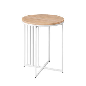 Mesa de Centro Redonda de Metal de Diseño Único con Acabado Blanco para Sala de Estar, Mueble Decorativo con Superficie de Madera - Product Image 1