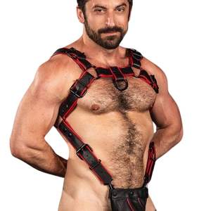 Harnais de corps en fausse fourrure Trojan 2.0 pour homme, rouge, bretelles réglables, robes de fantaisie, dentelle écologique, vêtements de club haut de gamme - Product Image 1