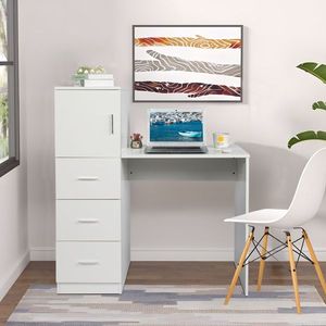Scrivania Moderna a H con 1 Anta e 3 Cassetti, 120 cm, Melaminico Bianco Goffrato, 2 Porte USB e Prese di Corrente - Product Image 1