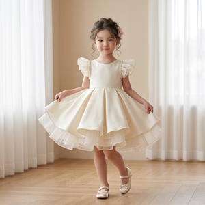Robe de Soirée de Luxe pour Filles Radiance, en Satin Ivoire avec Manches à Volants et Bordure de Perles, Robe de Fête pour Enfants, Vêtements d'Occasion, Personnalisable OEM ODM - Product Image 3