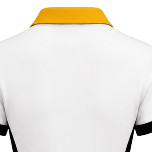 Women's White and Gold Polo <b>Dress</b> <b>Short</b> <b>Sleeve</b> Contrast Collar Athletic Uniform <b>Shirt</b> with Black Side Panels and Chest Crest Des - Product Image 5
