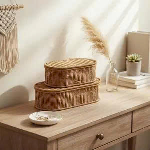 Best Seller Box Woven Rattan Oval <b>Basket</b> Natural <b>Wicker</b> <b>Storage</b> Box Handmade Desktop Organizer - Product Image 6