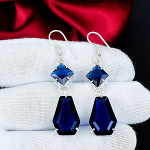 Boucles d'oreilles en saphir bleu, argent sterling 925, boucles d'oreilles pendantes et tombantes bleu marine faites à la main, bijoux en pierre bleue - Product Image 3