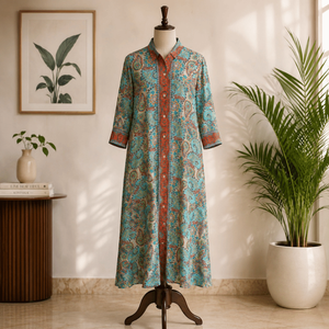 Vestido Maxi de Seda de Alta Calidad, Talla Única, Azul Carmesí, Estilo Vintage, Paisley Mandala |   Ropa de Estilo Bohemio con Estampado Étnico para Vacaciones en Ibiza - Product Image 1