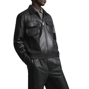 Veste en cuir noire pour homme, col rabattu, fermeture éclair, style workwear, manches classiques, couleur unie, vêtement d'automne - Product Image 5
