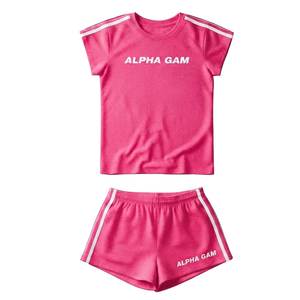 Ensemble 2 pièces en tissu éponge rose pour femme Alpha Gam, t-shirt à manches courtes et col rond, short au-dessus du genou, tenue décontractée pour le printemps et l'été - Product Image 6