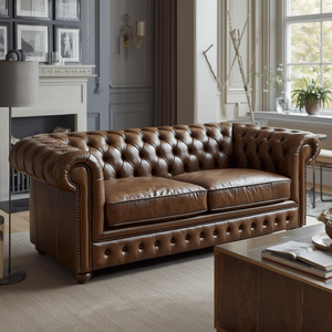 Sofá Chesterfield de Cuero Marrón Vintage de 2 Plazas con Botones Decorativos para Sala de Estar, Oficina, Vestíbulo de Hotel - Product Image 1