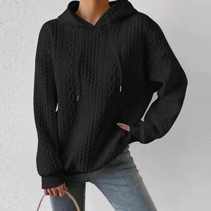Suéter con Capucha Unisex de Punto, Color Negro Sólido, Estilo Holgado Informal para Otoño, Diseño con Bolsillos, Anti-Pilling, Manga Regular - Product Image 1
