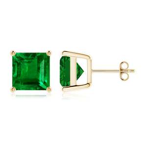 <b>Emerald</b> Cut <b>Emerald</b> <b>Stud</b> Earrings 14kt Yellow Gold, Minimalist Green Gemstone Earrings, Elegant Everyday Jewelry Gift for Fiance - Product Image 1